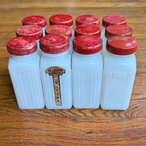 Antique Vintage GRIFFITH'S Milk Glass Spice Jar Set - set of 12 with lids
